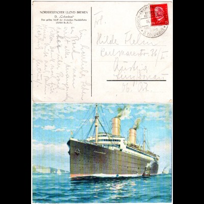 DR 1929, Deutsch Amerikanische Seepost Bremen New York HAL auf Karte m. 15 Pf.