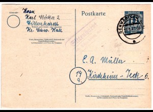1947, Landpost Stpl. SITTENHARDT über Schwäbisch Hall auf 12 Pf. Ganzsache