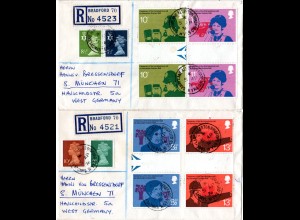 GB 1975, 4 Stegpaare 100 J. Telefon auf 2 Einschreiben Briefen n. Deutschland