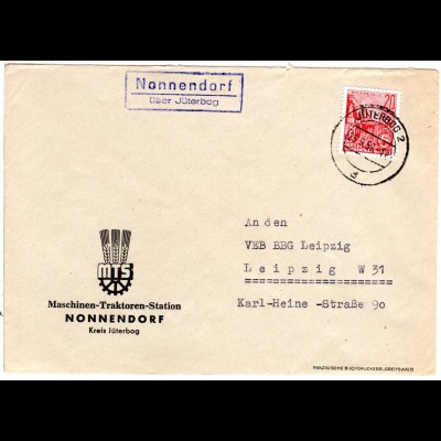 DDR 1959, Landpost Stpl. NONNENDORF über Jüterbog auf MTS Brief m. 20 Pf.