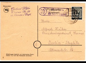 1946, Landpost Stpl. 10 HASELRAIN über Oelsnitz auf Karte m. 12 Pf.