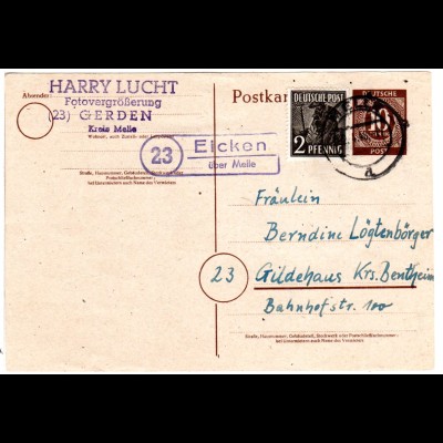 1948, Landpost Stpl. 23 EICKEN über Melle auf 10 Pf. Ganzsache m. Zusatzfr.