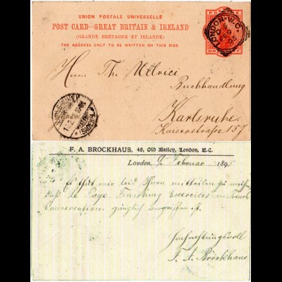 GB 1895, 1d Ganzsache m. rs. Zudruck F.A. BROCKHAUS v. London n. Deutschland.