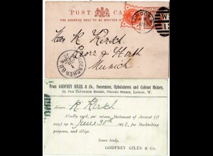 GB 1892, 1/2d Ganzsache m. Zusatzfr. u.rs. Zudruck v. London n. Bayern