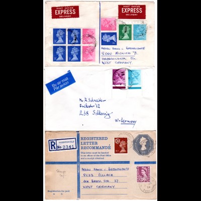 GB, 3 Auslands-Briefe m. Elizabeth Frankaturen, dabei Relo, Express, Luftpost.