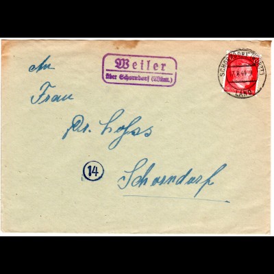 DR 1944, Landpost Stpl. WEILER über Schorndorf auf Brief m. 12 Pf.