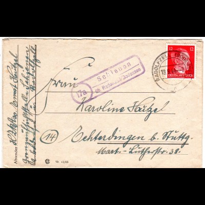 DR 1944, Landpost Stpl. 17a SCHIENEN über Radolfzell/Bodensee auf Brief m. 12 Pf