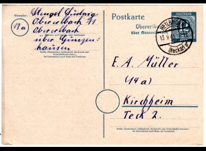 1946, Landpost Stpl. OBERERLBACH über Gunzenhausen auf 12 Pf. Ganzsache 