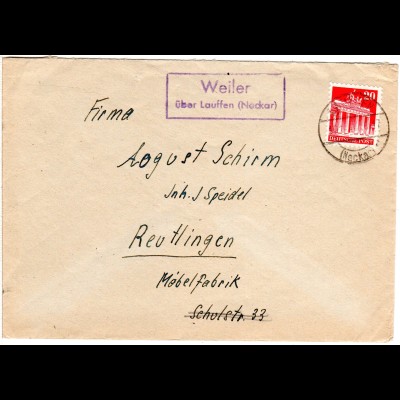 1948, Landpost Stpl. WEILER über Lauffen auf Brief m. 20 Pf.