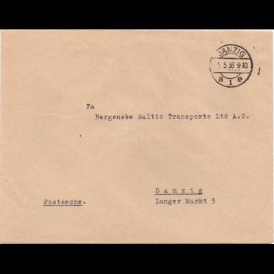 Danzig 1936, Brief "Postsache". Portofreiheit. Rücks.Telegraphenamt Siegel. #691