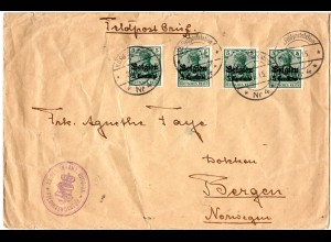 Belgien 1915, 4x5 C. auf Feldpost-Auslandsbrief nach Norwegen.