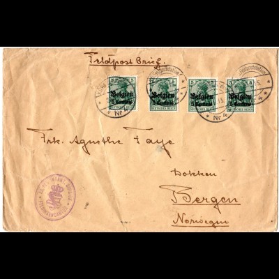 Belgien 1915, 4x5 C. auf Feldpost-Auslandsbrief nach Norwegen.