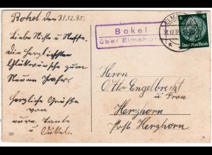 DR 1935, Landpost Stpl. BOKEL über Elmshorn auf Karte m. 6 Pf.