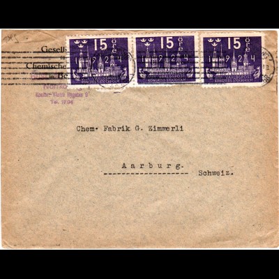Schweden 1924, MeF 3x15 öre UPU Kongress auf portorichtigem Brief i.d. Schweiz