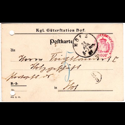 Bayern 1907. K1 PORTO KONTROLLE auf Orts-Karte v. Hof m. Porto "5" Pfg.