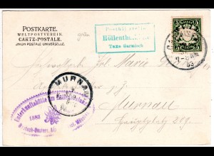 Bayern 1903, Posthilfstelle HÖLLENTHALHÜTTE Taxe Garmisch auf sw-AK m. 5 Pf.