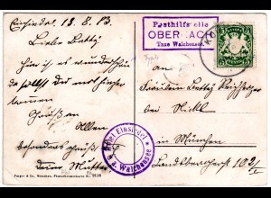 Bayern 1913, Posthilfstelle OBERNACH Taxe Walchensee (Typ 2) auf AK m. 5 Pf.