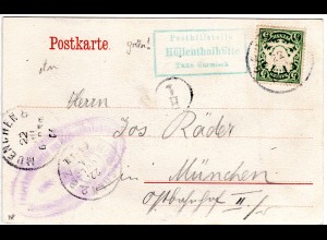 Bayern 1904, Posthilfstelle HÖLLENTHALHÜTTE Taxe Garmisch auf sw-AK m. 5 Pf.
