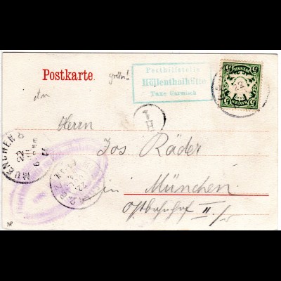Bayern 1904, Posthilfstelle HÖLLENTHALHÜTTE Taxe Garmisch auf sw-AK m. 5 Pf.