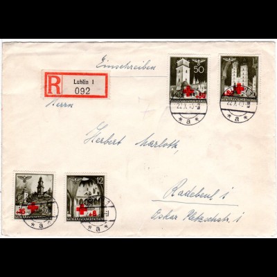 Generalgouvernement 1940, 4 Marken Rotes Kreuz kpl. auf Reko Brief v. Lublin