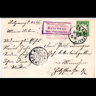 Bayern 1905, Posthilfstelle HOLZWANG Taxe Wolfratshausen auf Karte m. 5 Pf.