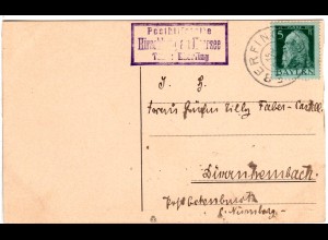 Bayern 1912, Posthilfstelle HIRSCHBERG AM HAARSEE T. Eberfing auf Karte m. 5 Pf.