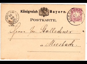 Bayern 1881, K.G.E. EXPEDITION MIESBACH auf 5 Pf. Ganzsache v. Augsburg