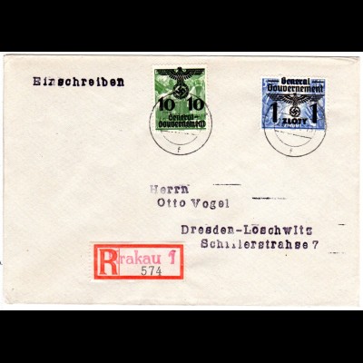 Generalgouvernement 1940, 10/10+1 Zl./55 Gr. auf Einschreiben Brief v. Krakau 1