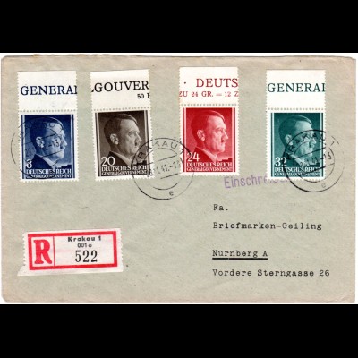 Generalgouvernement 1941, 4 Marken auf portorichtigem Reko Brief v. Krakau 1