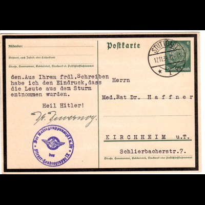 DR 1934, Flieger-Landesgruppe IX, blauer Briefstempel auf Ganzsache v. Stuttgart