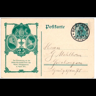 DR/Württemberg, gebr. Privat Ganzsache zur Silber Hochzeit des Königspaares 1911