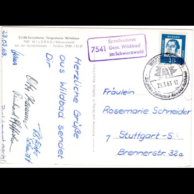 BRD 1963, Landpost Stpl. 7541 SPROLLENHAUS Gem. Wildbad auf Gasthof AK m. 15 Pf.