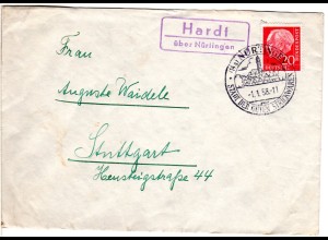 BRD 1958, Landpost Stpl. HARDT über Nürtingen auf Brief m. 20 Pf.