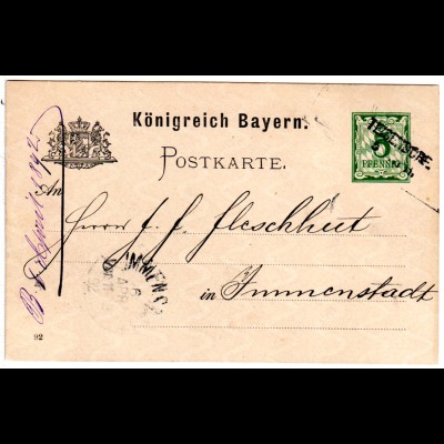 Bayern 1892, L2-Aushilfstempel TEISENDORF auf 5 Pf. Ganzsache