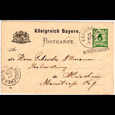 Bayern 1892, Station-L1 BERCHTESGADEN auf 5 Pf. Ganzsache m. Bahnpost-K1 B-R-C3