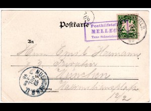Bayern 1898, R3 Posthilfstelle MELLECK Taxe Schneizlreuth auf sw-AK m. 5 Pf.