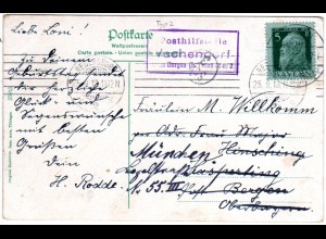 Bayern 1913, R3 Posthilfstelle VACHENDORF Taxe Bergen auf Karte m. 5 Pf.