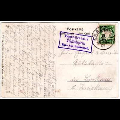 Bayern 1907, Posthilfstelle HALLTHURM Taxe Bad Reichenhall auf Farb-AK m. 5 Pf.