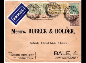 Indien 1932, 4 Marken auf Brief v. Bombay i.d. CH m. gr. blauen AIR MAIL label