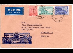 Indien 1953, 3 Marken auf illustriertem Umschlag Hotel Krishnarajsagar 