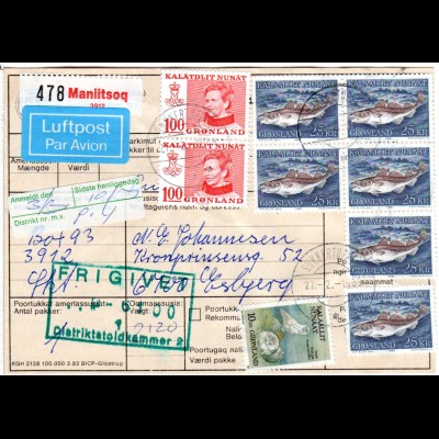 Grönland 1989, 9 Marken (dabei 6x25 Kr.!) auf Luftpost Paketkarte v. Maniitsoq