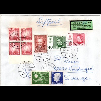 Grönland 1978, 7 Marken auf Luftpost Brief v. Thule m. Schweden Porto