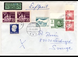 Grönland 1978, 4 Marken auf Luftpost Brief v. Spor. Strömfjord m. Schweden Porto