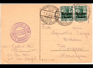 Dt Besetzung Belgien 1915, 2x5 C. auf Feldpost Auslands Zensur Karte n. Norwegen