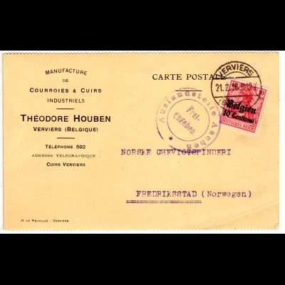 Dt. Besetzung Belgien 1918, 10 C. auf Firmen Auslands Zensur Karte n. Norwegen