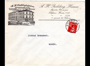 Norwegen 1937, 20 öre auf illustriertem Brief v. Hamar mit Bahnpoststempel.