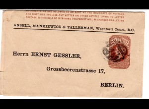 GB, 1/2d Streifband Ganzsache m. Zudruck u. Stpl. NPB W. von London n. Berlin