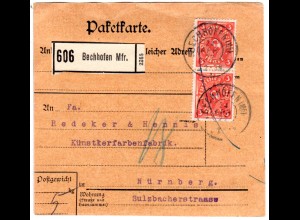 DR 1922, Bayern Reservestempel BECHHOFEN R auf Paketkarte m. 2x3Mk. Geprüft.