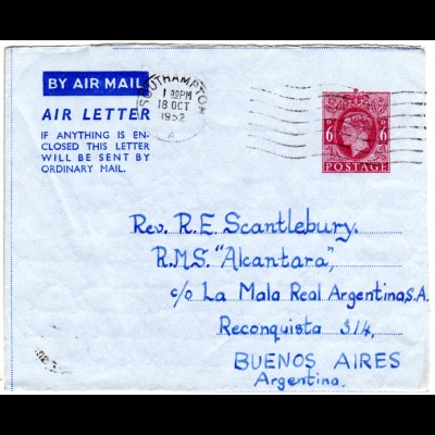 GB LF 4, 6d Field Post Air Letter stationery used from Southampton to Argentina