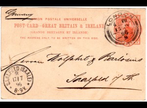 GB 1896, large LONDON double circle with arc on 1d stationery to Germany